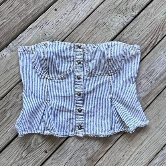 Anthropologie Pilcro Women's Blue Striped Denim Sleeveless Crop Top Size XL - Picture 4 of 10